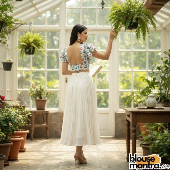  White Cotton Owl Print | Blue & Orange | Front Dome Neck | Back Square Neck | Frill Sleeves Maggie Sleeve