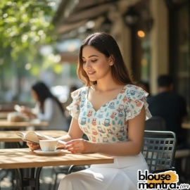  White Cotton Owl Print | Blue & Orange | Front Dome Neck | Back Square Neck | Frill Sleeves Maggie Sleeve