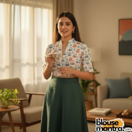 White Cotton Owl Print | Blue & Orange |Highneck Glass Sleeve