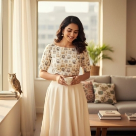 White Cotton Owl Print |Grey & Beige |Front Boat Neck | Back Oval Cut with Show Button Glass Sleeve