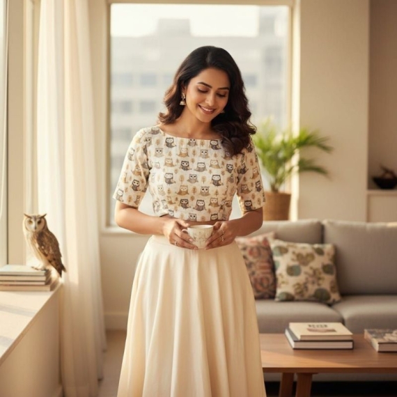 White Cotton Owl Print |Grey & Beige |Front Boat Neck | Back Oval Cut with Show Button Glass Sleeve