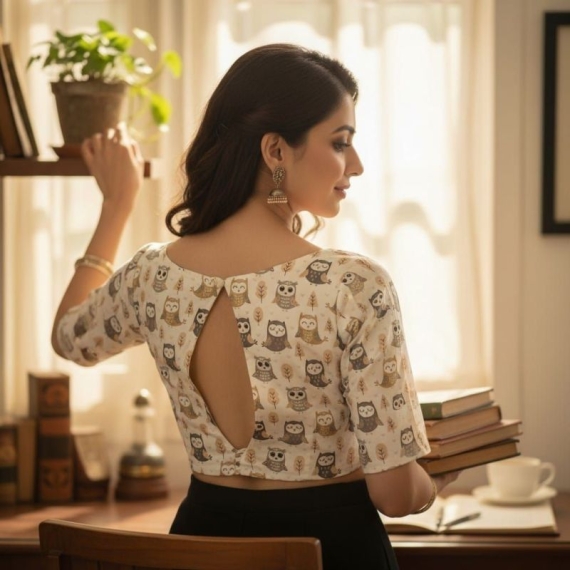 White Cotton Owl Print |Grey & Beige |Front Boat Neck | Back Oval Cut with Show Button Glass Sleeve