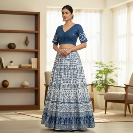  Firoza Blue Jamdani | V Neck | Frills On Sleeve & Waist Glass Sleeve