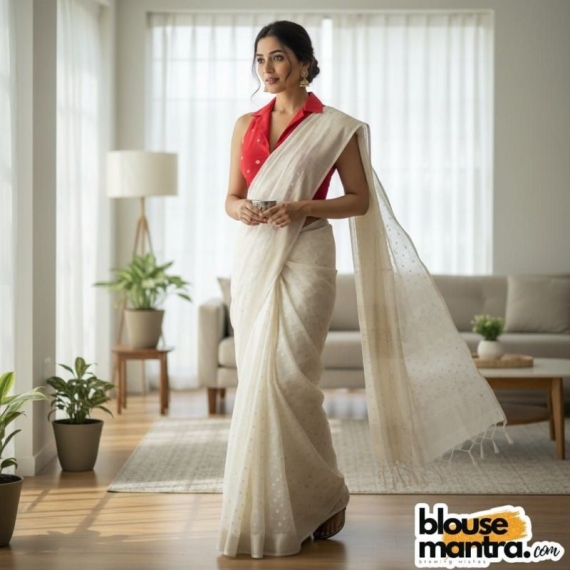 Red Jamdani |White Round Weave | Halterneck | Blazer Coller Sleeveless