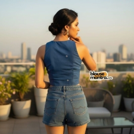  firoza Blue Jamdani | White Flower Weave | Boat Neck | Halterneck Sleeveless