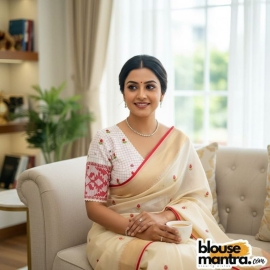 White Check Jamdani | Front V Neck | Back Boat Neck | Lace attached Glass Sleeve