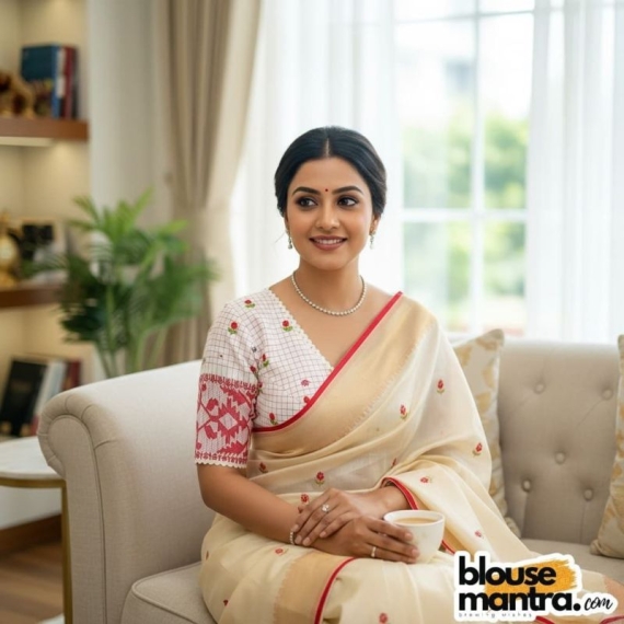 White Check Jamdani | Front V Neck | Back Boat Neck | Lace attached Glass Sleeve