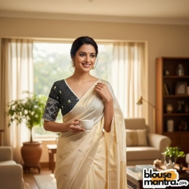 Black Check Jamdani | Front V Neck | Back Boat Neck | Lace attached Glass Sleeve