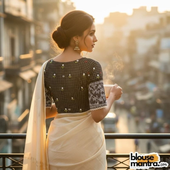 Black Check Jamdani | Front V Neck | Back Boat Neck | Lace attached Glass Sleeve