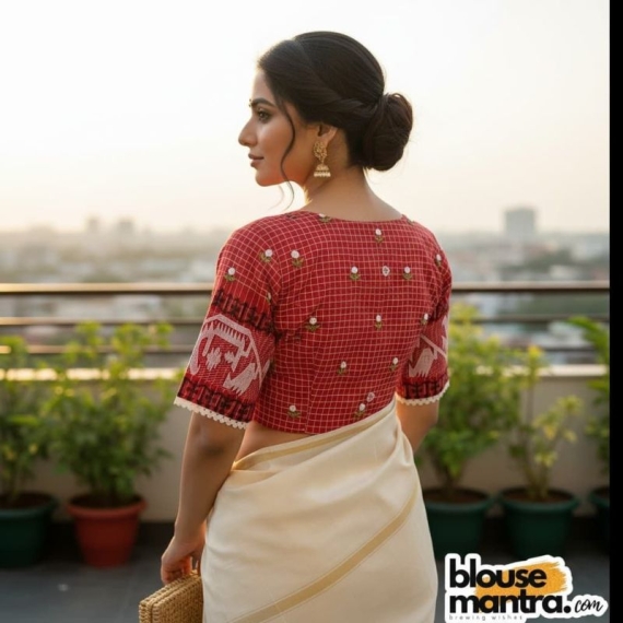  Red Check Jamdani | Front V Neck | Back Boat Neck | Lace attached Glass Sleeve