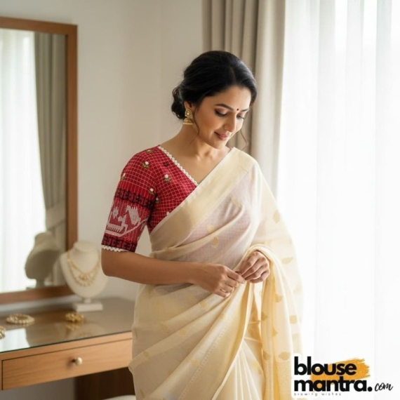  Red Check Jamdani | Front V Neck | Back Boat Neck | Lace attached Glass Sleeve