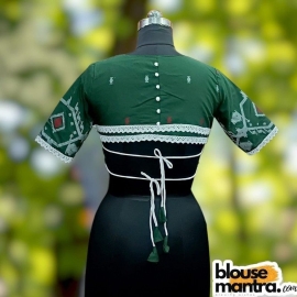 Bottle Green Jamdani | Front V Neck | Semi Back Less With Latkan | Lace Attached Glass Sleeve