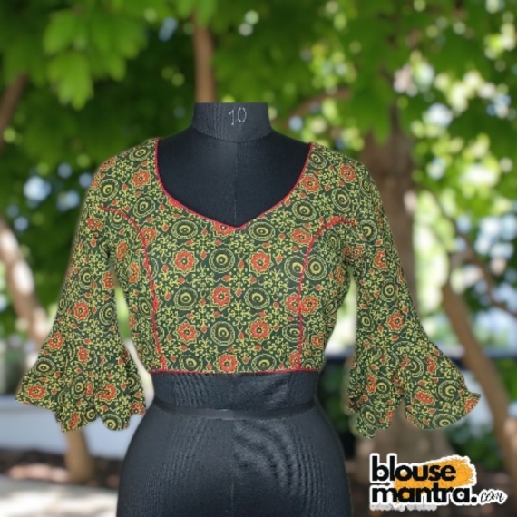 Green Ajrakh | | Red Piping | 3 cut On Back | Frill sleeves Quarter Sleeve