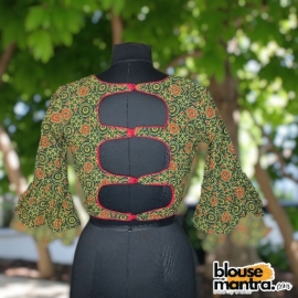 Green Ajrakh | | Red Piping | 3 cut On Back | Frill sleeves Quarter Sleeve