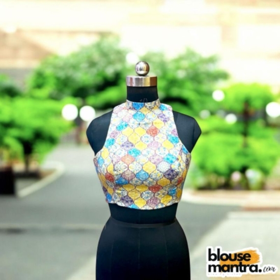  White with Multi Colour Poly Gazzi | Halterneck | Back Triangle Cut Sleeveless