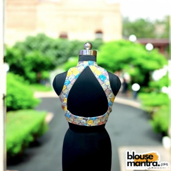  White with Multi Colour Poly Gazzi | Halterneck | Back Triangle Cut Sleeveless