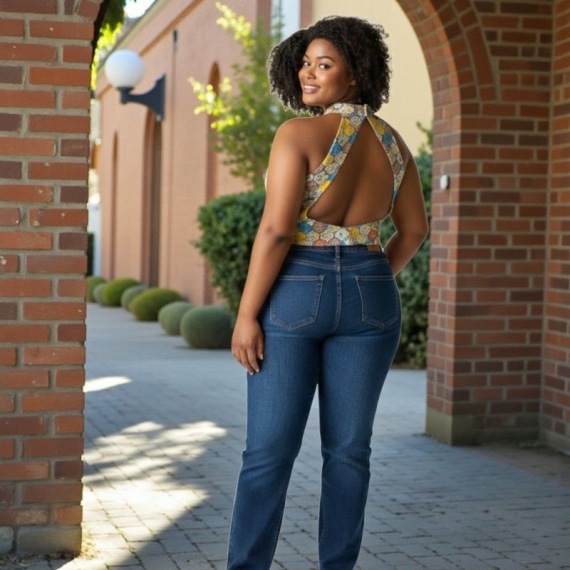  White with Multi Colour Poly Gazzi | Halterneck | Back Triangle Cut Sleeveless