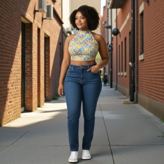  White with Multi Colour Poly Gazzi | Halterneck | Back Triangle Cut Sleeveless