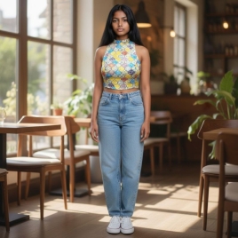  White with Multi Colour Poly Gazzi | Halterneck | Back Triangle Cut Sleeveless