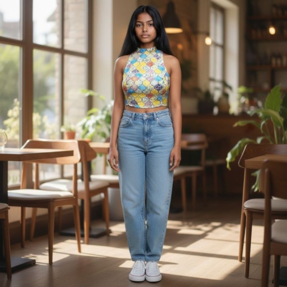  White with Multi Colour Poly Gazzi | Halterneck | Back Triangle Cut Sleeveless