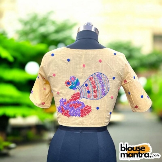 Beige Khadi Cotton |Pot Filled with Flower Glass Sleeve