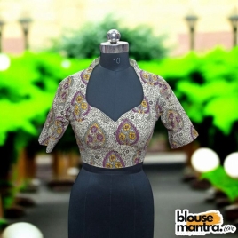 Off White Kalamkari | Purple Kolka | Airhostress Neck With Back Cut | Front Dome Neck Glass Sleeve