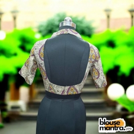 Off White Kalamkari | Purple Kolka | Airhostress Neck With Back Cut | Front Dome Neck Glass Sleeve