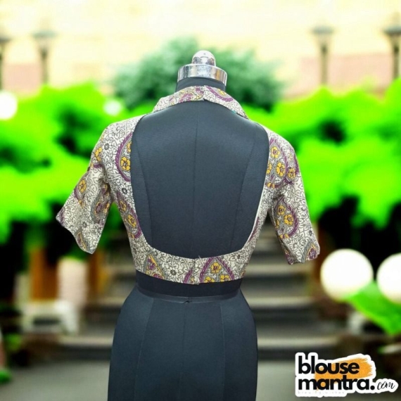 Off White Kalamkari | Purple Kolka | Airhostress Neck With Back Cut | Front Dome Neck Glass Sleeve