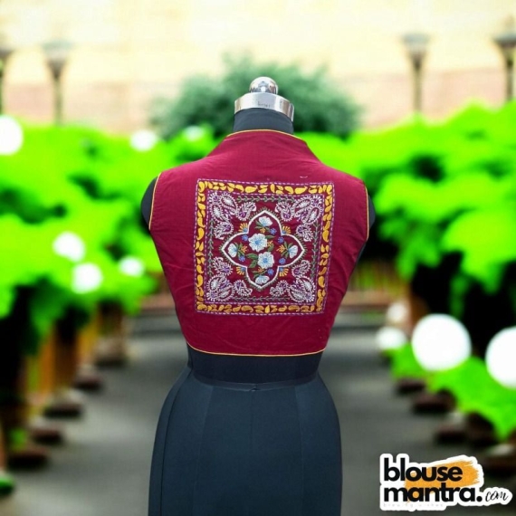 MaroonKhadi Cotton | Back Square embroidery | small flower emb all over the body Sleeveless