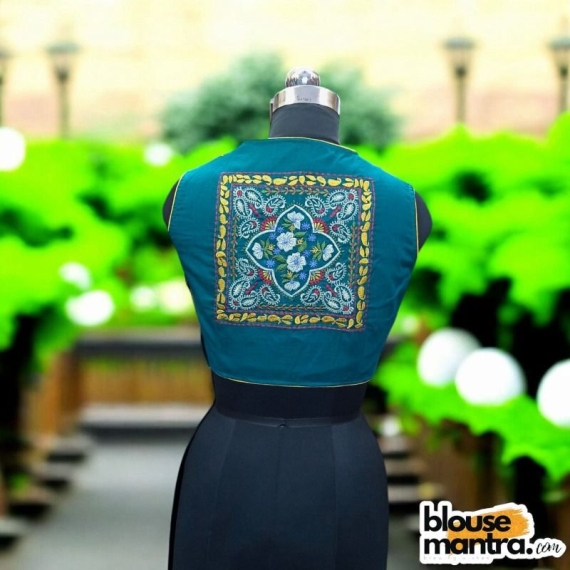 Sea Green Khadi Cotton | Back Square embroidery | small flower emb all over the body Sleeveless