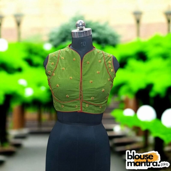 Mehendi Khadi Cotton | Back Square embroidery | small flower emb all over the body Sleeveless