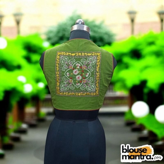 Mehendi Khadi Cotton | Back Square embroidery | small flower emb all over the body Sleeveless