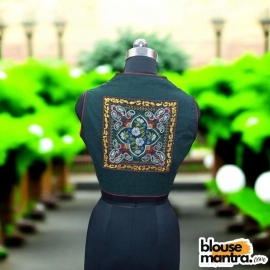 bottle Green Khadi Cotton | Back Square embroidery | small flower emb all over the body Sleeveless