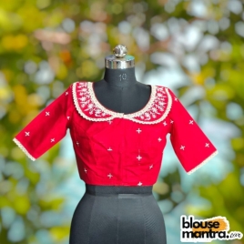 Red Khadi Cotton | Embroidery on Pitter pan coller | Lace Work Glass Sleeve