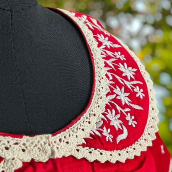 Red Khadi Cotton | Embroidery on Pitter pan coller | Lace Work Glass Sleeve