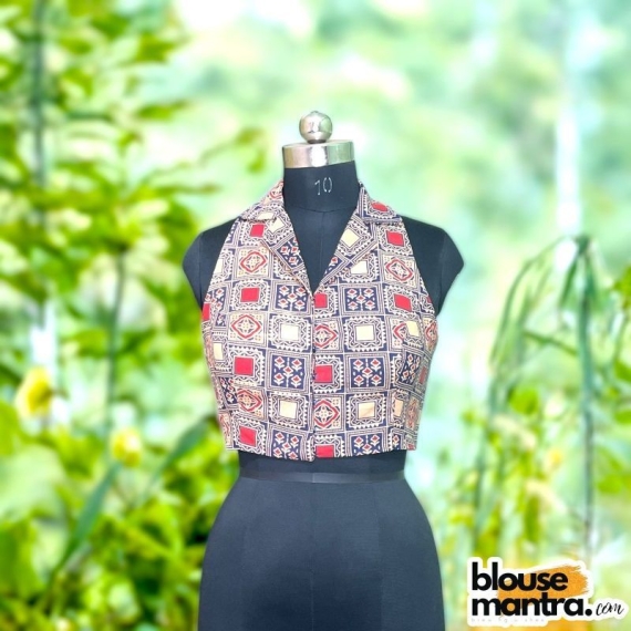Blue  Cotton Kalamkari | Blazer Coller Sleeveless