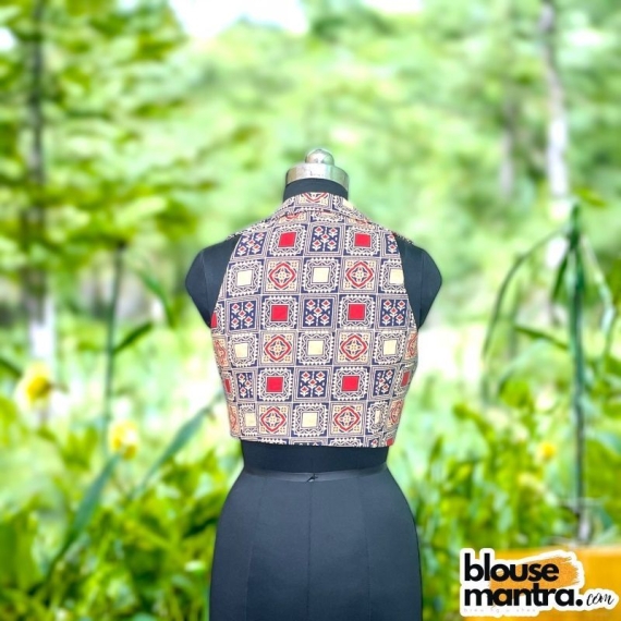 Blue  Cotton Kalamkari | Blazer Coller Sleeveless