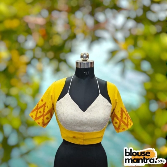 Yellow Jamdani | Jacket Blouse | Inside Hakoba Halterneck Glass Sleeve