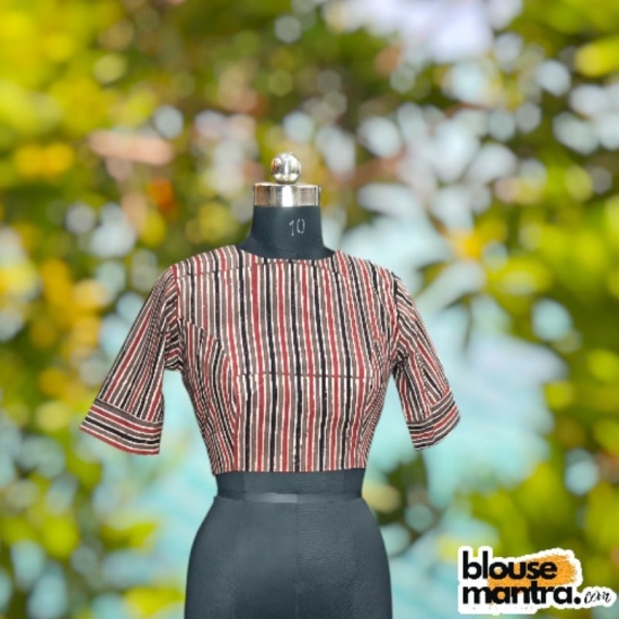 Slate Ajrakh | Stripe print | Boat Neck Glass Sleeve