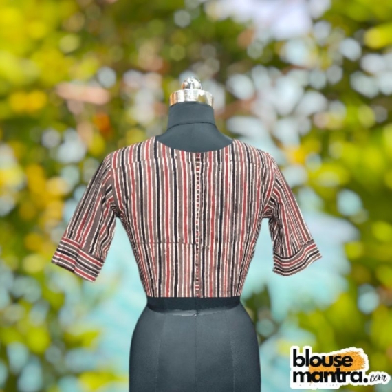 Slate Ajrakh | Stripe print | Boat Neck Glass Sleeve