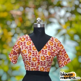 White & Red Batic | Front V Neck | Back Round Neck Glass Sleeve