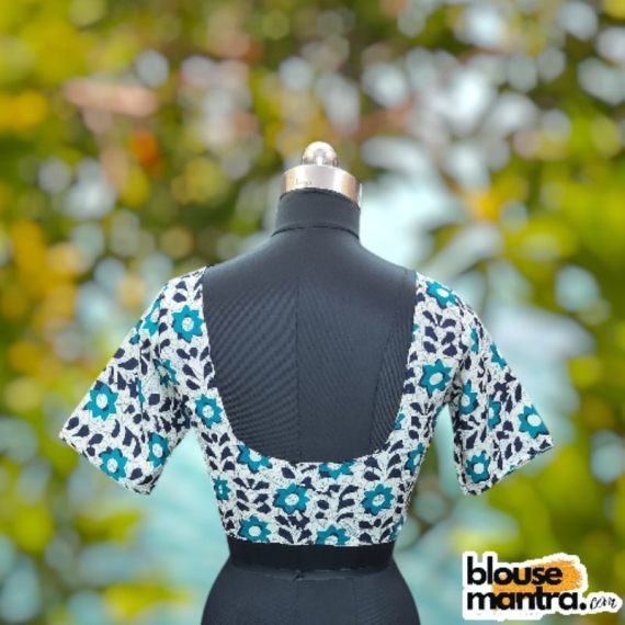 White & Blue Batic | Front V Neck | Back Round Neck Glass Sleeve