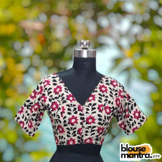 White & Pnk Batic | Front V Neck | Back Round Neck Glass Sleeve