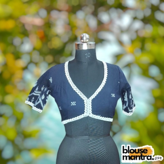 Navy Blue Jamdani | Back Oval Cut |Front Dome Neck | Lace Attached Glass Sleeve