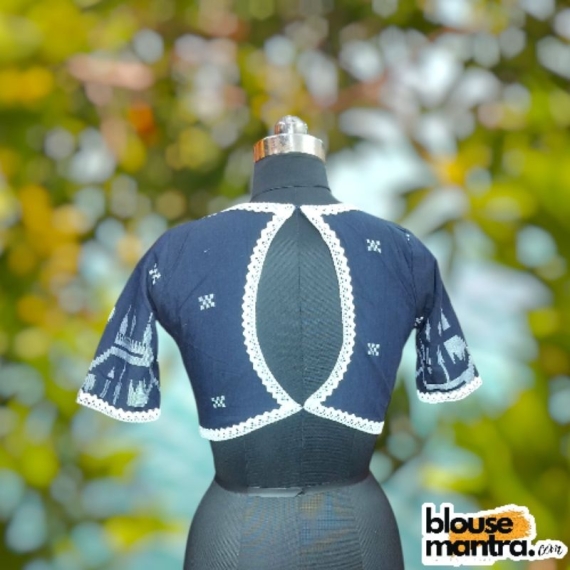 Navy Blue Jamdani | Back Oval Cut |Front Dome Neck | Lace Attached Glass Sleeve