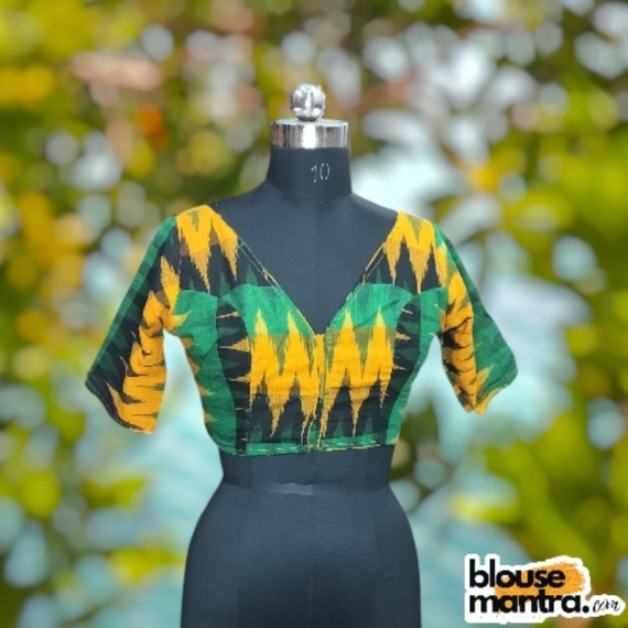 Double Ikkat | Yellow & Green | Front V Neck | Back Round Neck Glass Sleeve