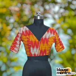 Double Ikkat | Yellow & Red White | Front V Neck | Back Round Neck Glass Sleeve