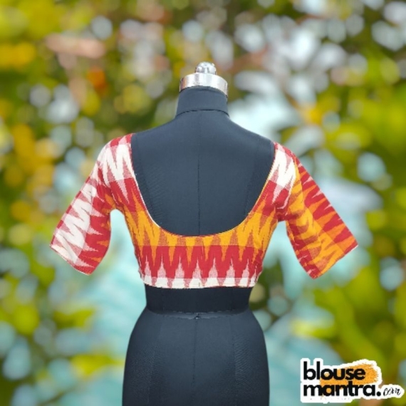 Double Ikkat | Yellow & Red White | Front V Neck | Back Round Neck Glass Sleeve