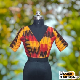 Double Ikkat | Yellow & Red Black | Front V Neck | Back Round Neck Glass Sleeve