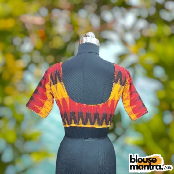 Double Ikkat | Yellow & Red Black | Front V Neck | Back Round Neck Glass Sleeve